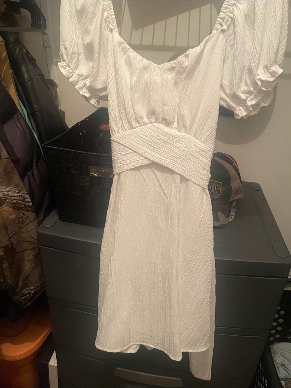 White Puff-Sleeve Mini Dress with Crisscross Waist - Picture 4 of 4